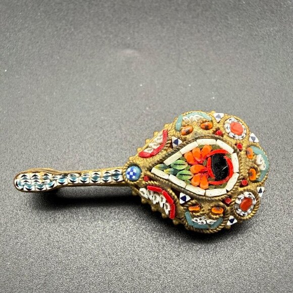Jewelry - Vintage Italian Brooch Micro Mosaic Mandolin Guitar Pin Gold Tone Italy 1 3/4"